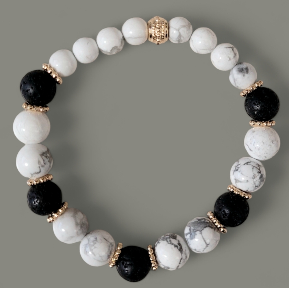 New Handmade Elastic Gemstone Bracelet, Black, White, Gold